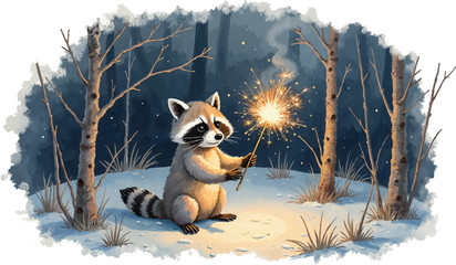 Raccoon holds sparkler amid a serene nighttime forest in watercolor style illustrating festive celebration, kids illustration