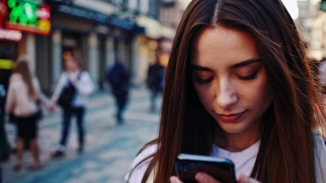 Young woman with long brown hair walks down a busy city street while using her smartphone, seemingly unaware of the bustling crowd around her