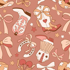 Seamless vector pattern with western cowgirl boots and bows. Hand drawn girly rodeo background. EPS 10 vector file. Perfect for textile, wallpaper or nursery print design.