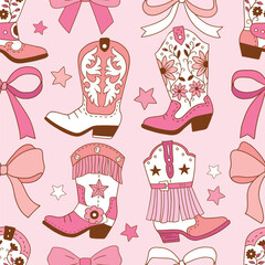 Seamless vector pattern with western cowgirl boots and bows. Hand drawn girly rodeo background. EPS 10 vector file. Perfect for textile, wallpaper or nursery print design.