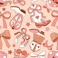 Seamless vector pattern with western cowgirl boots and bows. Hand drawn girly rodeo background. EPS 10 vector file. Perfect for textile, wallpaper or nursery print design.