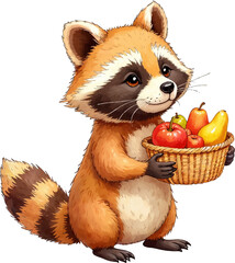 Raccoon offers a basket of fruits to friends in a warm watercolor illustration for Charity Day themes, kids illustration