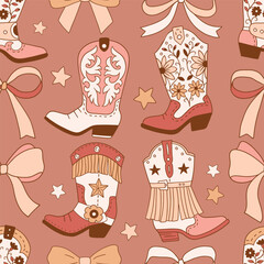 Seamless vector pattern with western cowgirl boots and bows. Hand drawn girly rodeo background. EPS 10 vector file. Perfect for textile, wallpaper or nursery print design.
