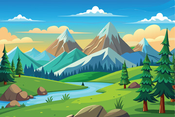 Serene mountain landscape with river, png, transparent background