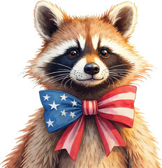 Raccoon wearing a patriotic bow in watercolor style for Independence Day celebrations, kids illustration