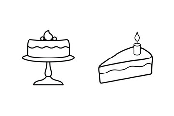 Black and white line art illustration of celebration cakes and birthday slice
