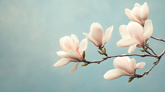 A High Resolution image of serene magnolia bloom art against pale blue backdrop.
