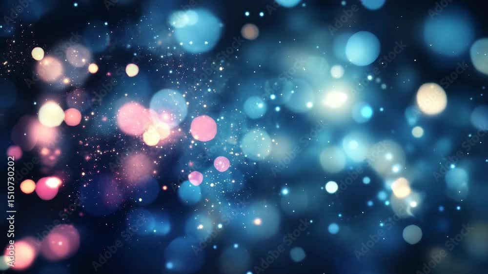 Poster colorful particles swirling and sparkling, creating a dynamic and festive bokeh effect against a dar
