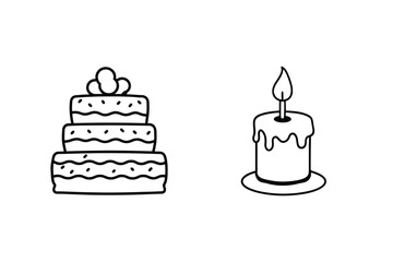 Minimalist black and white outline illustrations of a birthday cake and a candle