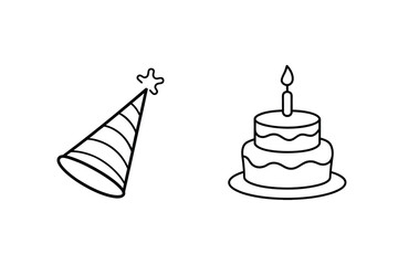 Simple black and white illustration of a party hat and birthday cake