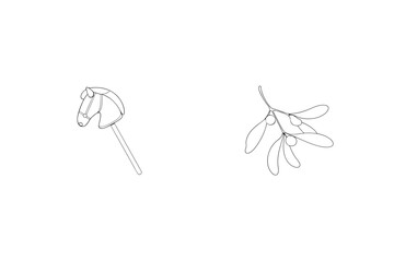 Minimalist line art illustration featuring a hobby horse and festive mistletoe elements