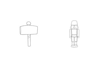 Minimalist line art depiction of a hammer and classic nutcracker ornament on white background