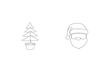 Simple christmas illustrations featuring a festive tree and santa claus face in a one line art style