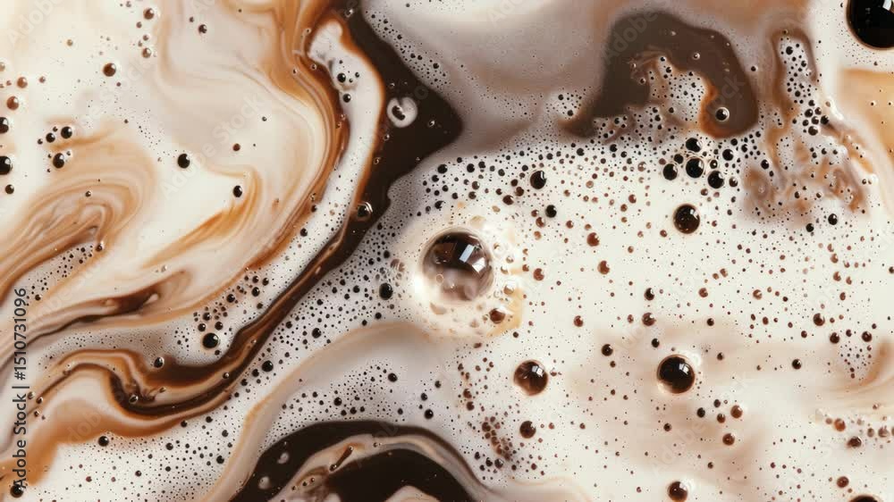 Poster creamy white milk foam cascading into dark espresso, generating mesmerizing swirls and intricate bub