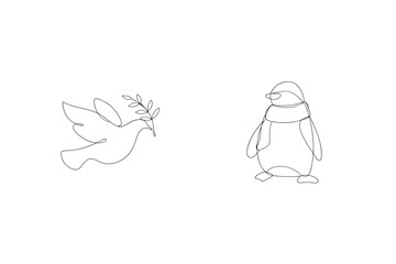 Single line art of a dove with olive branch and a penguin with a scarf illustration