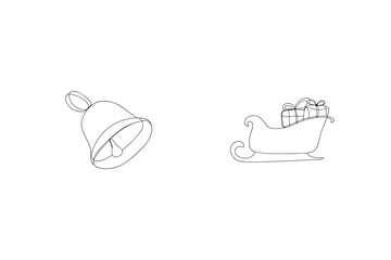 Christmas bell and santa's sleigh line art illustration on white background for festive designs
