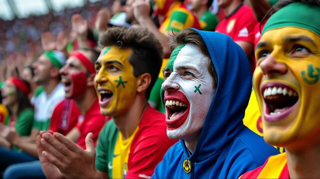 A close-up of fans from different countries painted in their national colors, their faces a mix of joy and tension as they watch a game favorite teams on giant sport stadium.