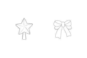 Festive christmas decorations including star and ribbon bow outlined in simple minimalist line art