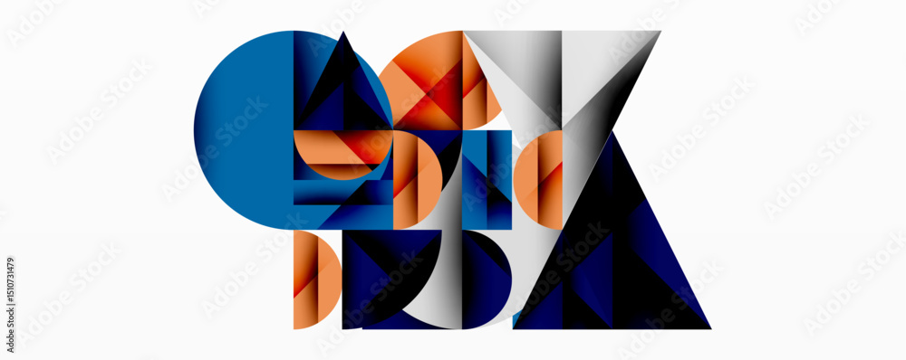 Poster Abstract geometric composition. Shapes overlap, creating dynamic visual interest. Blue, orange, gray tones dominate design.
