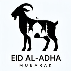 A black and white minimalist Eid al-Adha greeting image featuring a goat silhouette filled with mosque domes and minarets. Below, bold text reads "EID AL-ADHA" with "MUBARAK" in spaced-out, smaller fo