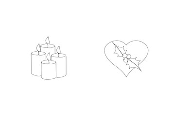 Simple line art christmas elements featuring candles and heart with holly berries
