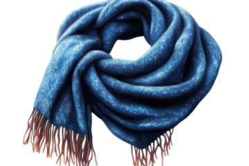 A comforting blue woolen scarf knotted elegantly promises warmth and style on a chilly day on a transparent background