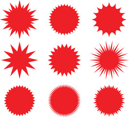 Red Starburst Stickers collection. Wavy edge promo round badges. Red shopping labels collection. Supermarket promotional badge. Promo stickers with star edges. Sale Price sticker, price tag.