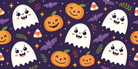 Cute Halloween seamless pattern with ghosts and pumpkins