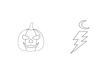 Outline halloween vector illustration featuring pumpkin, moon, and lightning bolt symbols