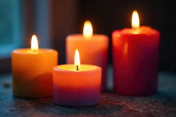 A close-up shot of several lit candlesticks of varying heights and colors, creating a warm and inviting ambiance, perfect for autumn or winter themed projects , darkness, background, holiday