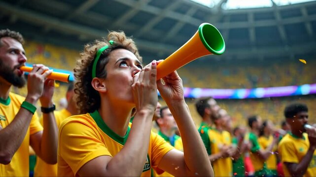 A slow-motion shot of a fan blowing a vuvuzela, their cheeks puffed out, confetti flying around them as their team scores a goal.