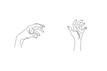 Minimalist line art illustrations of human hands in gesture isolated on white background