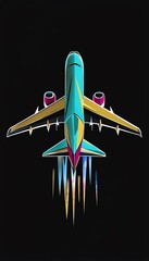 Colorful airplane with colorful trails illustration, flying jet with smoke trails, aircraft sketch in motion
