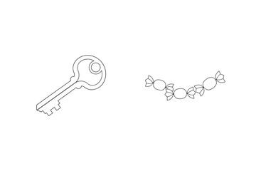 Key and candies outline illustration simple black and white minimalist graphic design