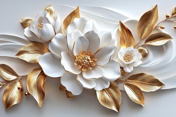Elegant gold leaves accompany the pristine white blooms.