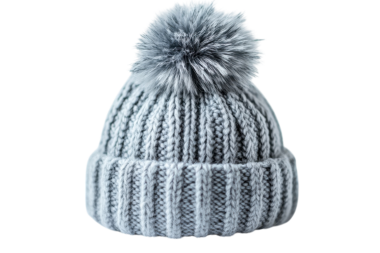 A cozy grey knitted hat with a fluffy pompom perfect for winter warmth and stylish comfort on on transparent background