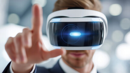Geschäftsmann trägt VR-Brille und zeigt mit Finger auf virtuelles Interface