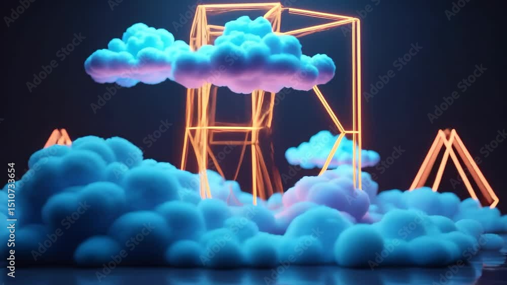 Poster endless looping 3d animation: abstract neon background with glowing geometric frame and spinning clo