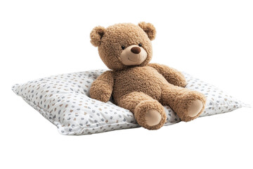 A cozy teddy bear resting peacefully on a patterned pillow radiating comfort and gentle on transparent background