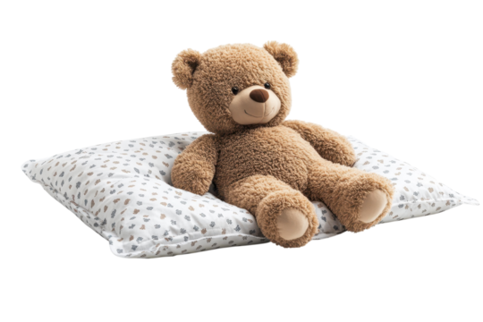 A cozy teddy bear resting peacefully on a patterned pillow radiating comfort and gentle on transparent background