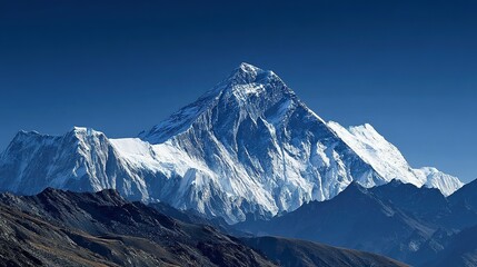 Majestic snow-capped mountain range under a vibrant blue sky.