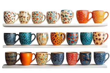 A delightful collection of handcrafted ceramic mugs showcases artistry with warmth and charm on transparent background