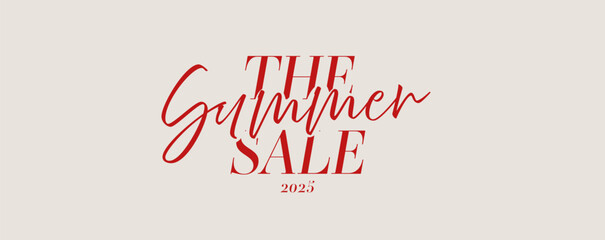 The summer sale banner. Beige bg with bold trendy red typography, Simple template design.