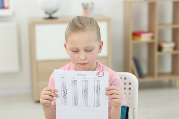 School grade. Sad girl holding answer sheet with letter C and minus symbol indoors