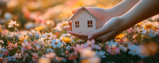 Hands holding a paper house in a garden full of blooming flowers.