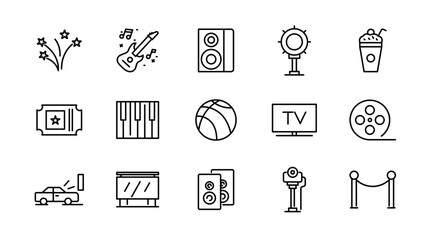 Show linear icon set. Performance, exhibition, theater, philharmonic, entertainment, spotlight, ticket, magician, concert, contest, talent, and magic outline icon collection. UI thin vector icon pack