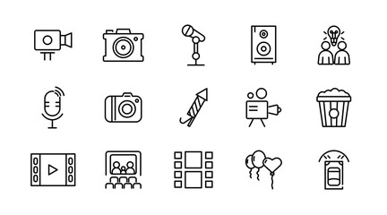 Show linear icon set. Performance, exhibition, theater, philharmonic, entertainment, spotlight, ticket, magician, concert, contest, talent, and magic outline icon collection. UI thin vector icon pack