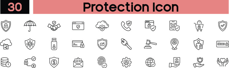 Set of 30 protection outline icons. Editable stroke. Vector illustration