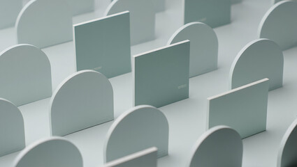Geometric arrangement of square and arch shapes creating a minimal pattern with a modern and abstract design in pastel mint color