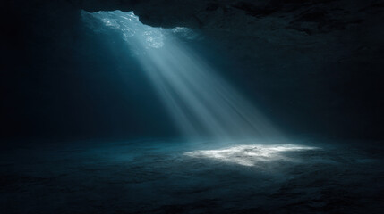 Serene underwater cave scene featuring single beam of light illuminating dark, tranquil waters. atmosphere evokes sense of calm and mystery, inviting exploration